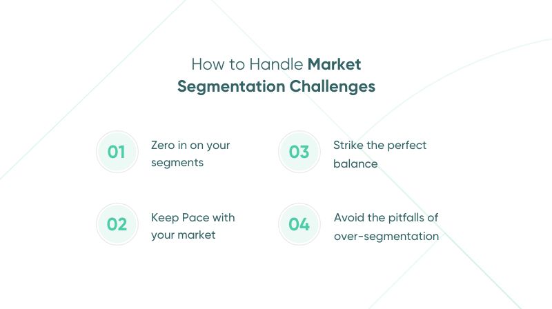 How to Handle Market Segmentation Challenges. 1: Zero in on your segments. 2: Keep Pace with your market. 3: Strike the perfect balance. 4: Avoid the pitfalls of over-segmentation.