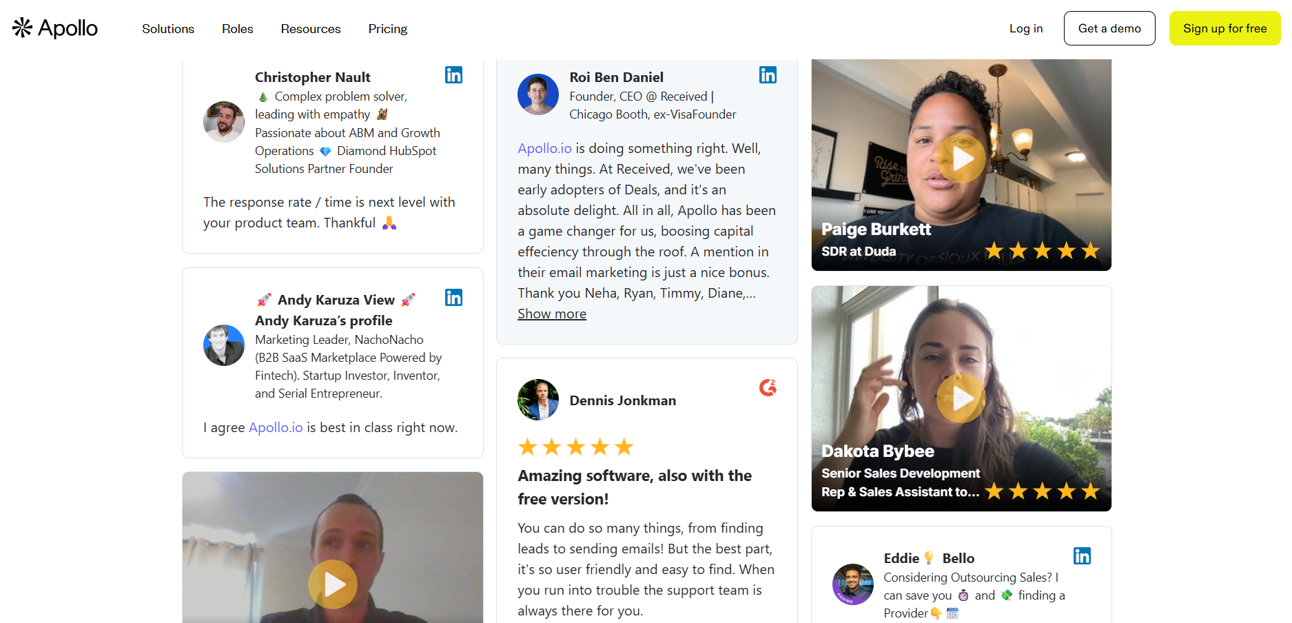 Apollo.io customer testimonials from SDRs and founders praising self-serve prospecting and B2B data access