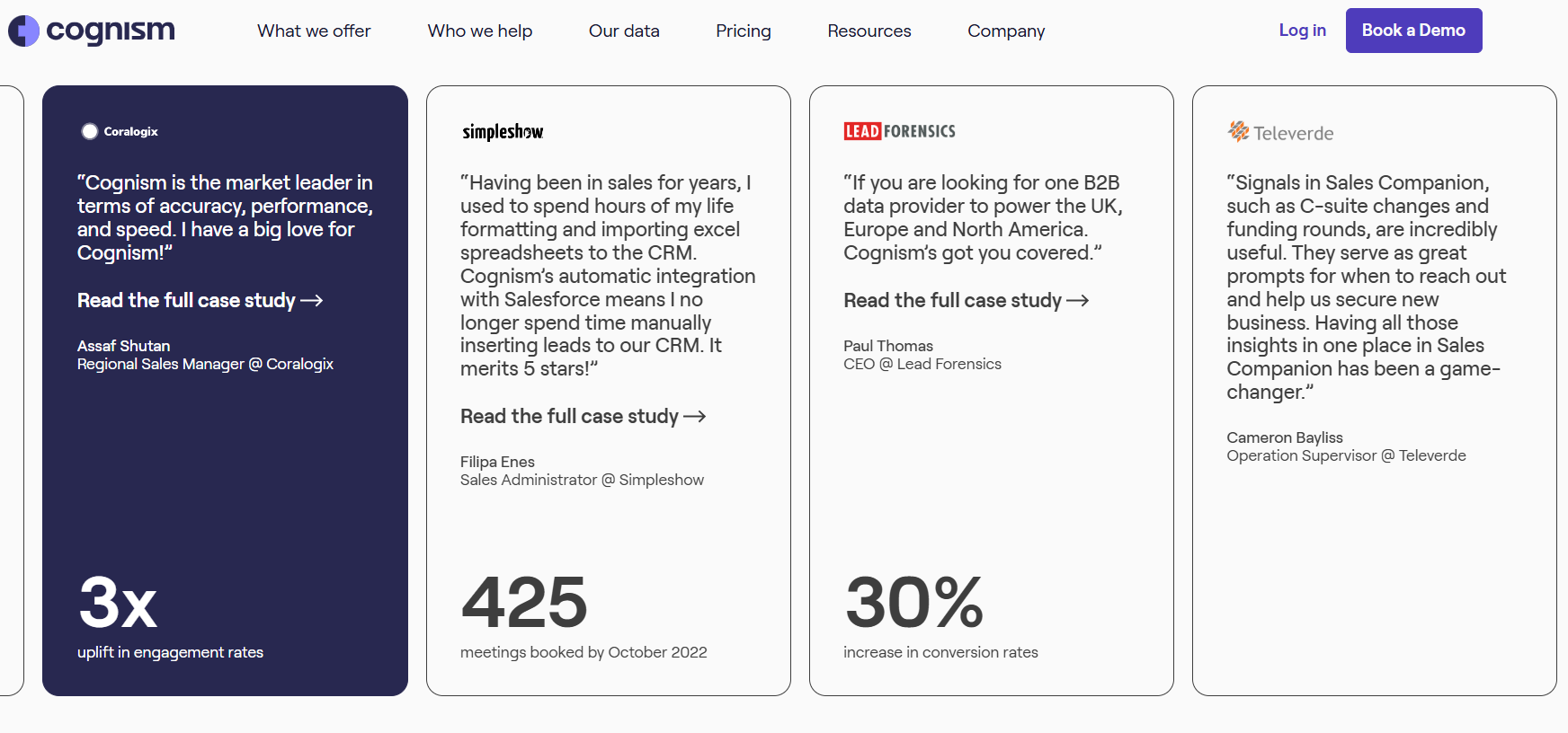 Cognism customer case study cards highlighting GDPR-grade EMEA B2B data accuracy and outbound results