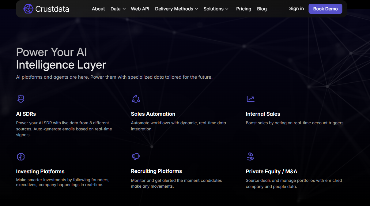 Crustdata AI intelligence layer powering AI SDRs, sales automation, and recruiting with real-time signals