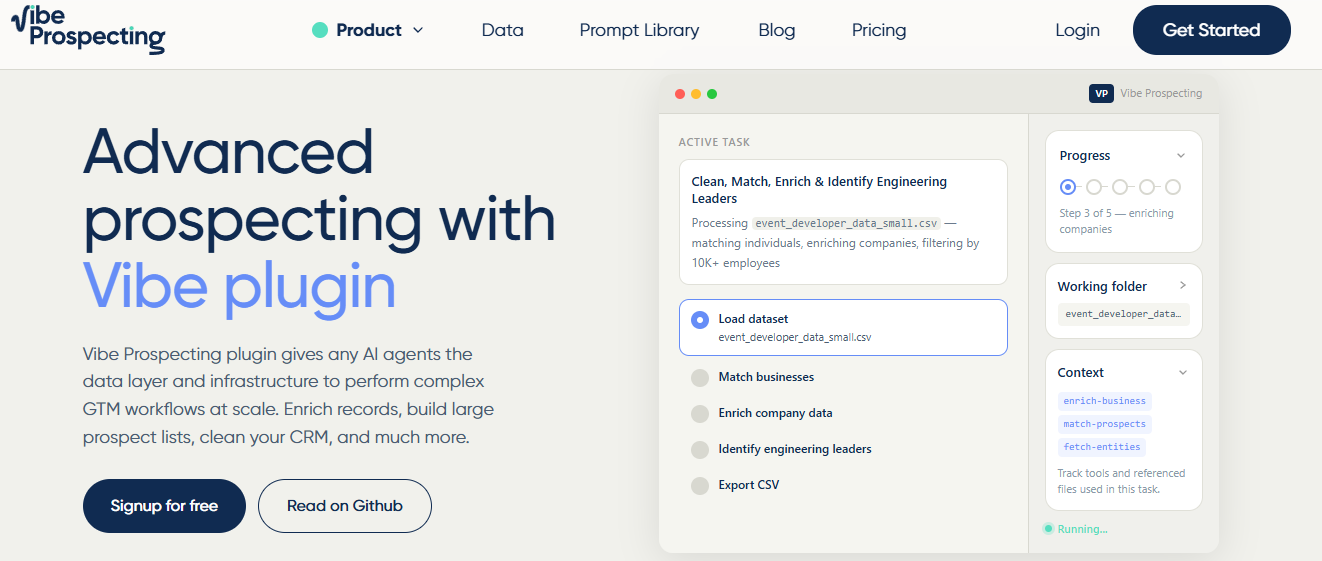 Vibe Prospecting plugin running a live Codex-style GTM task to clean, match, and enrich engineering leader records