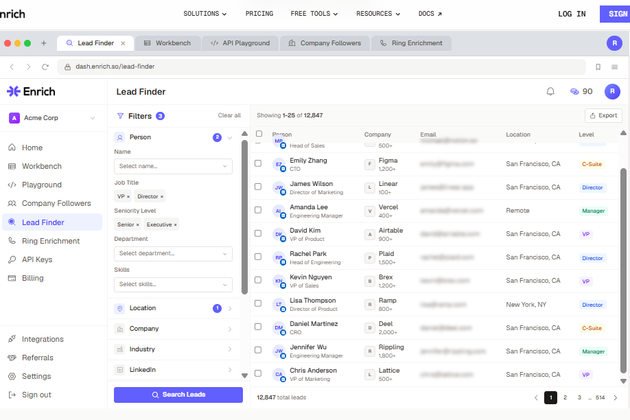 Enrich.so Lead Finder filtering 12,847 verified leads by job title, seniority, and location for outbound prospecting