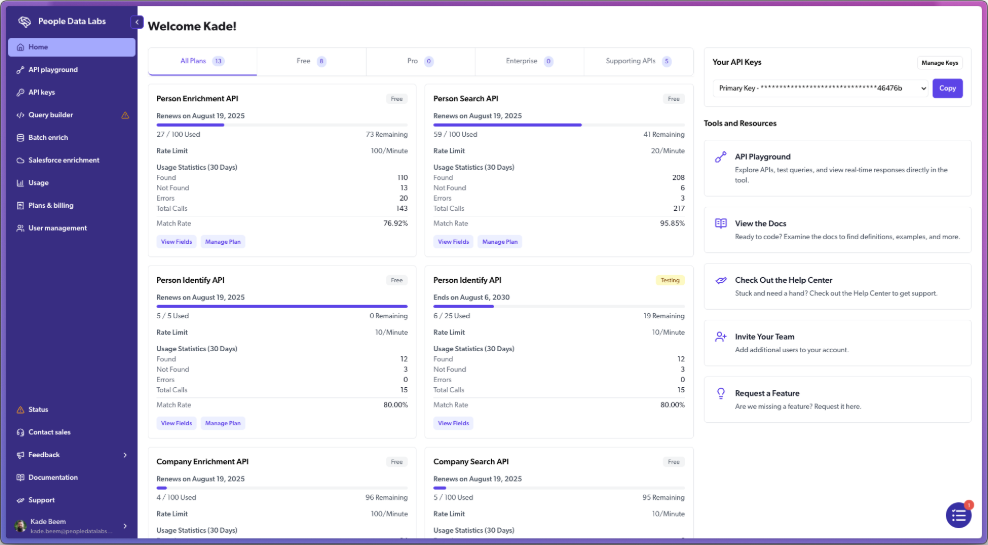 People Data Labs API dashboard displaying person and company enrichment endpoints with match rates for developers