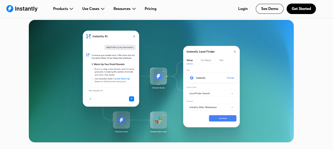 Instantly AI assistant building cold email automation with lead finder and warmup steps for outbound