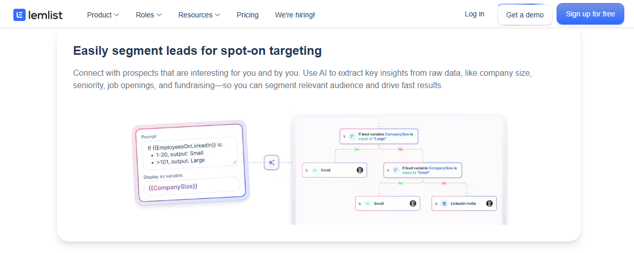 Lemlist using AI to segment leads by company size into branching email and LinkedIn outreach paths