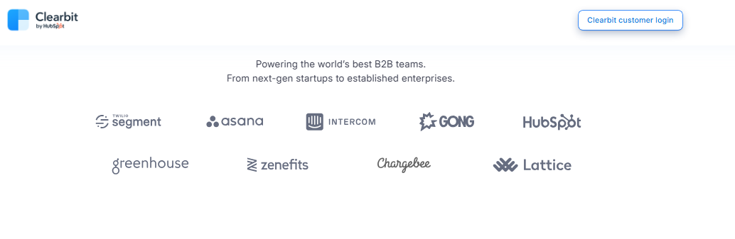 Clearbit by HubSpot customer logos including Segment, Asana, Intercom, Gong, and Greenhouse powering B2B enrichment teams