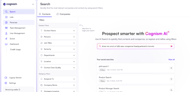 Cognism AI search interface filtering B2B contacts and companies by persona, job title, and location for targeted prospecting