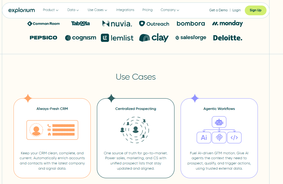 Explorium platform use cases showing Always-Fresh CRM, Centralized Prospecting, and Agentic Workflows powered by unified B2B data APIs