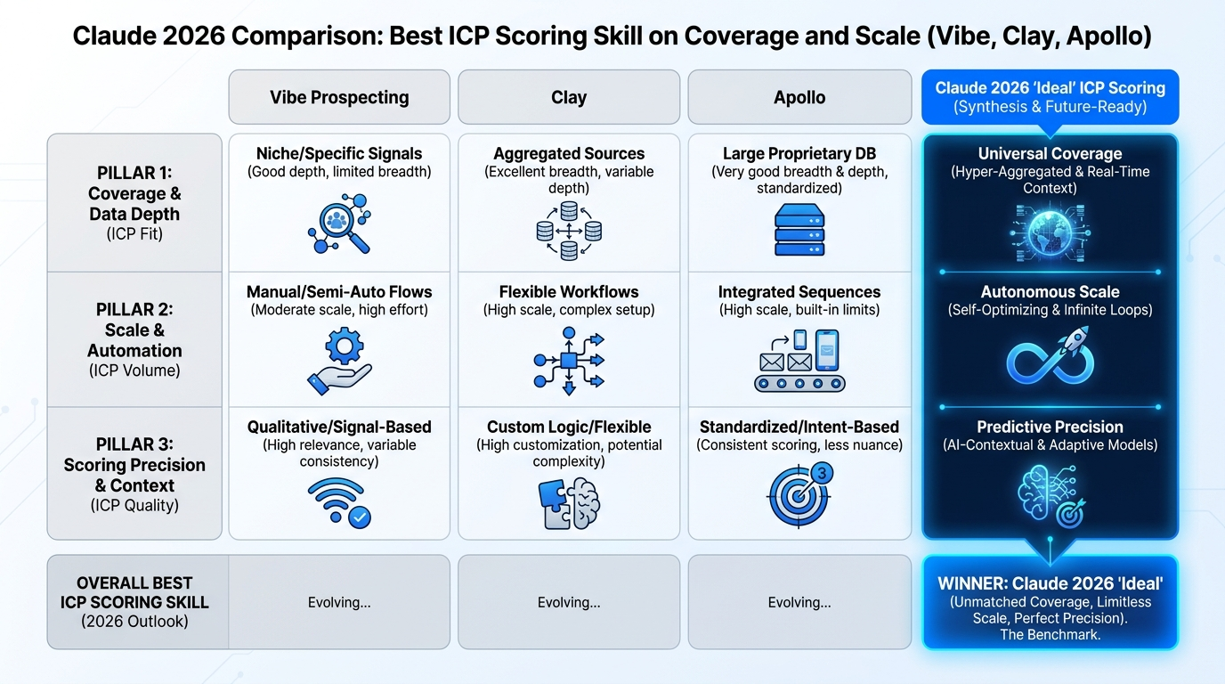 Best ICP scoring skill for Claude 2026 comparison diagram showing Vibe Prospecting, Clay, and Apollo on coverage and scale