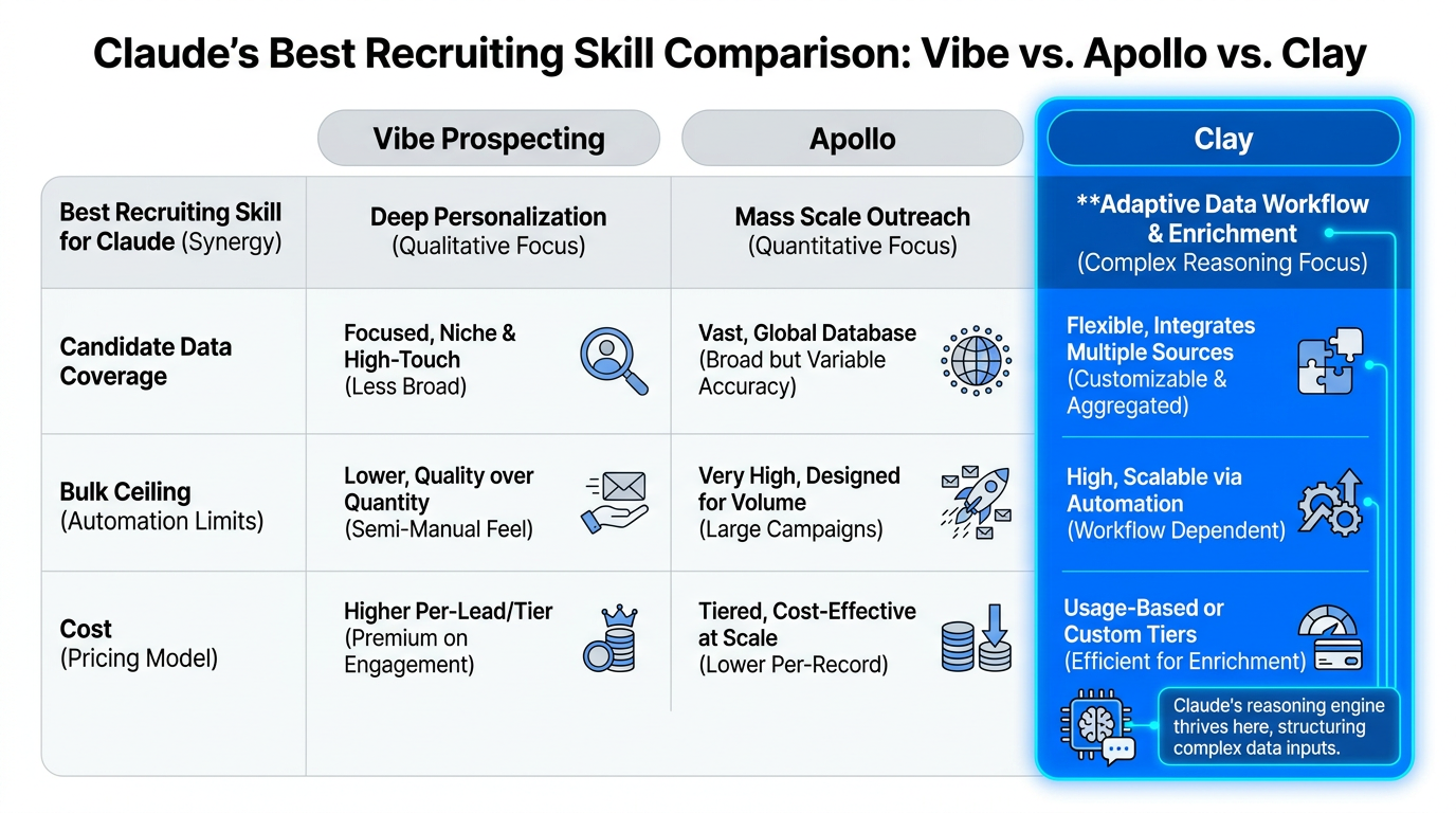 Best recruiting skill for Claude comparison across Vibe Prospecting, Apollo, and Clay