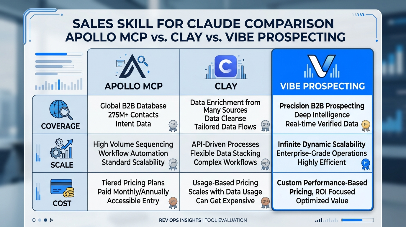 sales skill for Claude comparison: Apollo MCP vs Clay vs Vibe Prospecting