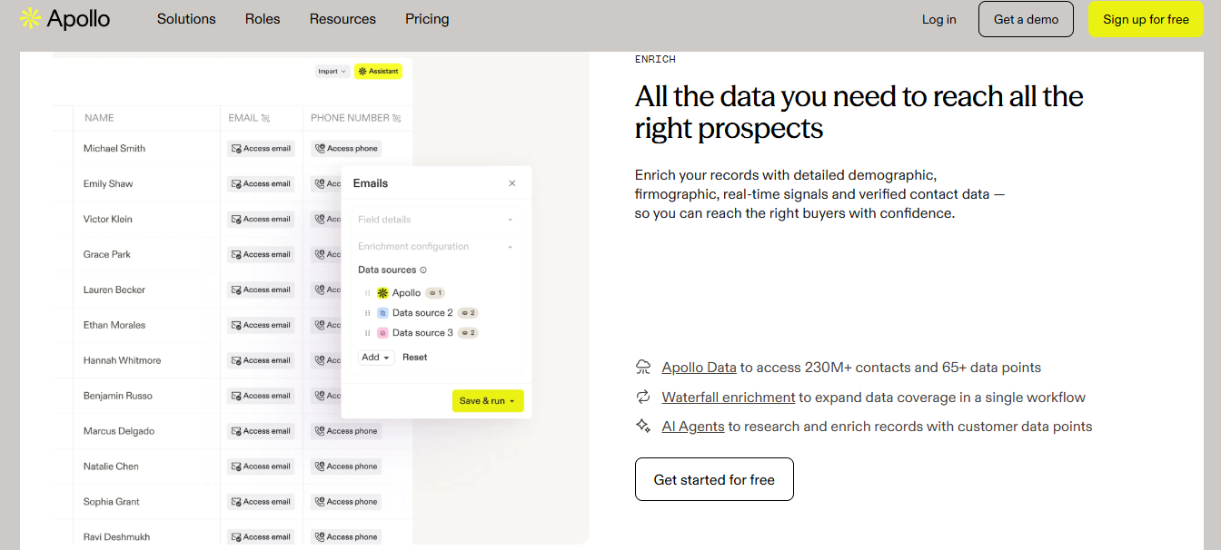 Apollo enrichment configuring waterfall data sources for verified emails and phone numbers across 230M contacts