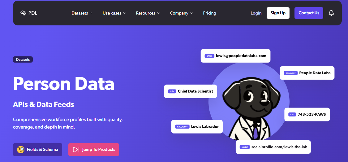 People Data Labs person data API showing enriched profile fields like email, title, company, and social links