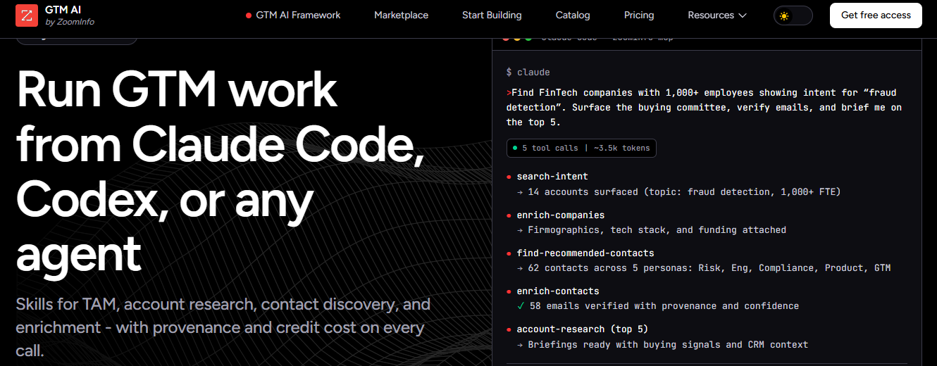 ZoomInfo GTM AI running firmographic enrichment and contact discovery from Claude Code with provenance per call