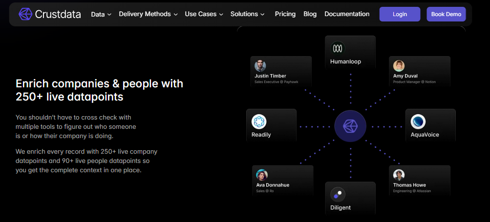 Crustdata recruiting enrichment API enriching people and company records with 250-plus live datapoints from one source