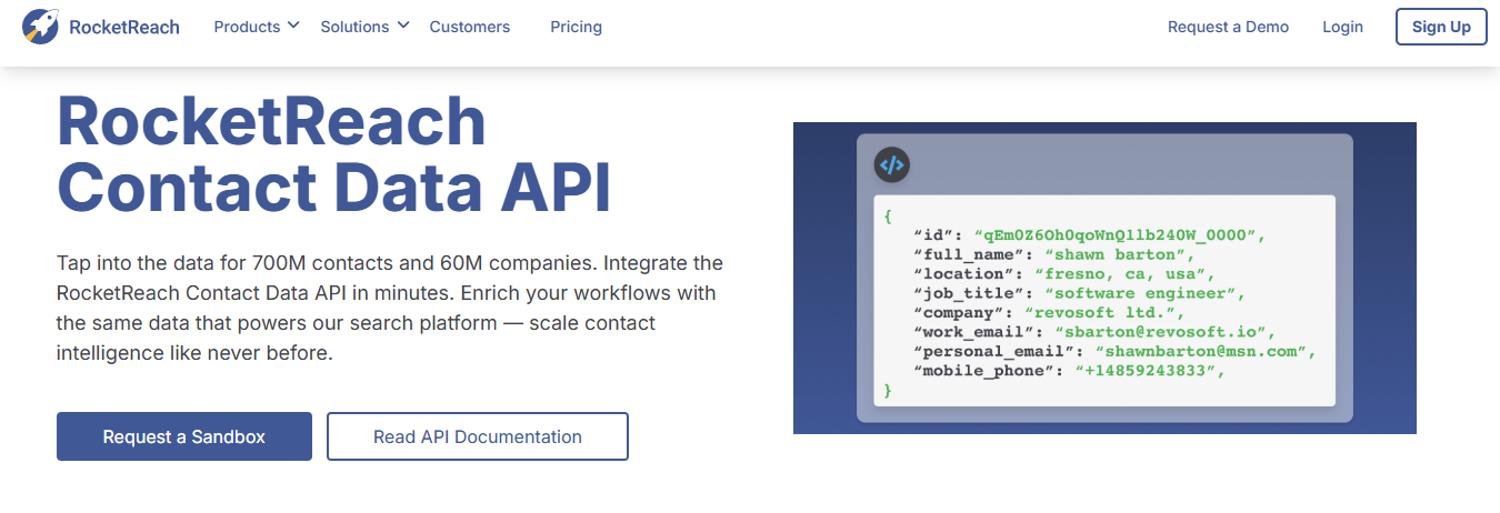 RocketReach Contact Data API returning a JSON profile with name, location, job title, work email, and mobile phone