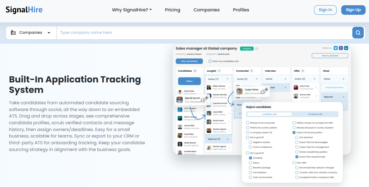 SignalHire recruiting enrichment API with built-in ATS moving candidates from sourcing through interview to hire