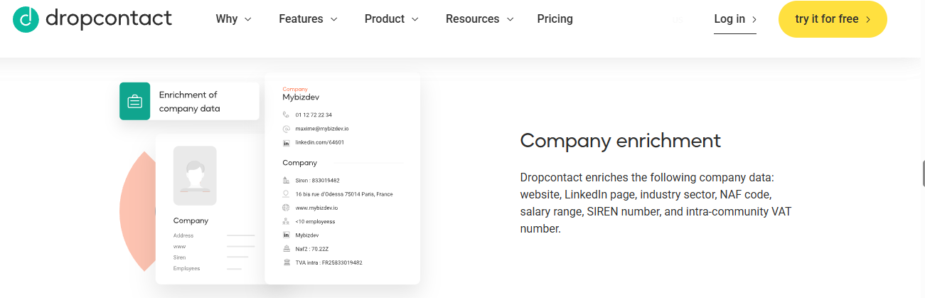 Dropcontact recruiting enrichment API enriching company data with SIREN, NAF code, VAT, and LinkedIn fields