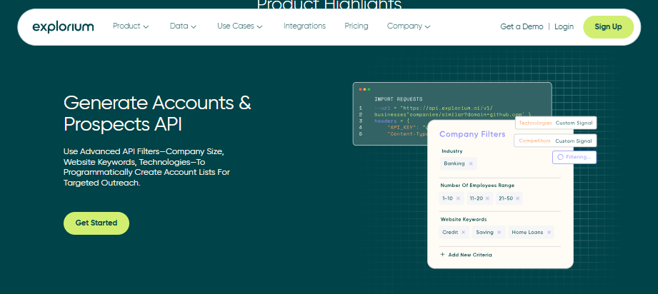 Explorium account intelligence API filtering companies by size, technologies, and keywords to build targeted account lists programmatically