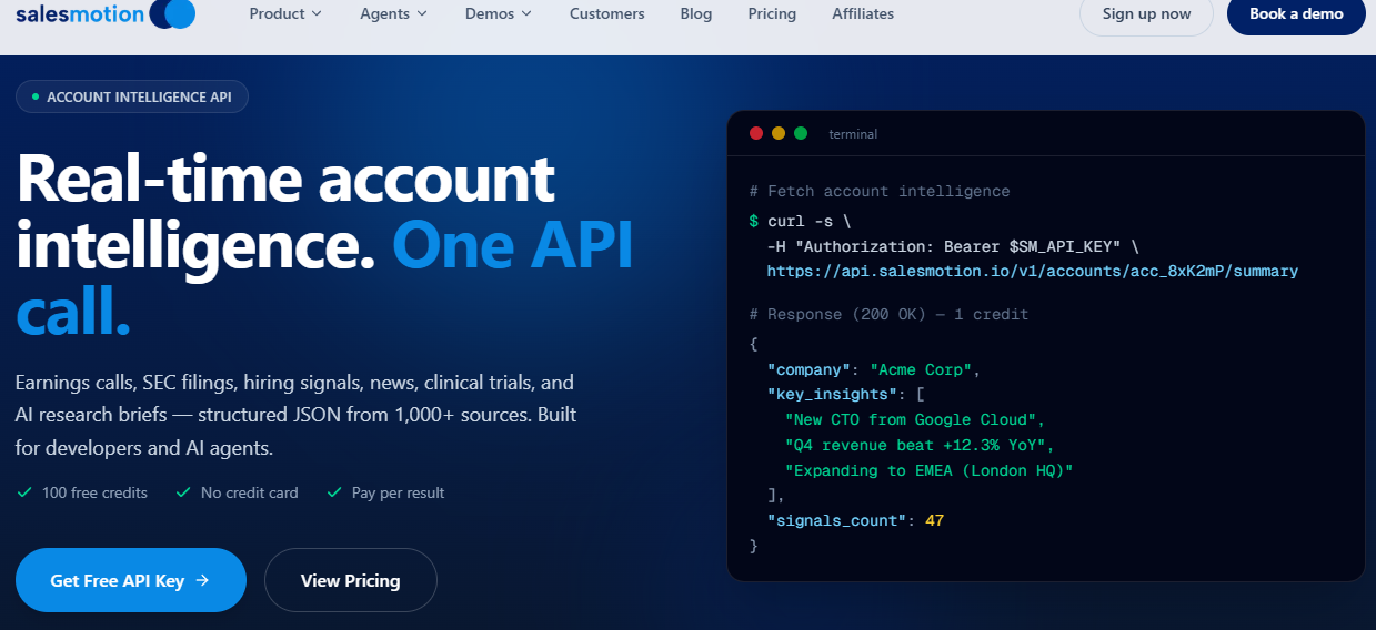 Salesmotion account intelligence API returning structured JSON with hiring signals, funding, and key insights in one call