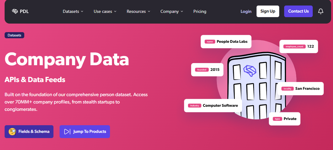 People Data Labs Company Data APIs and feeds covering 70M+ company profiles with employee count, industry, and founding year.