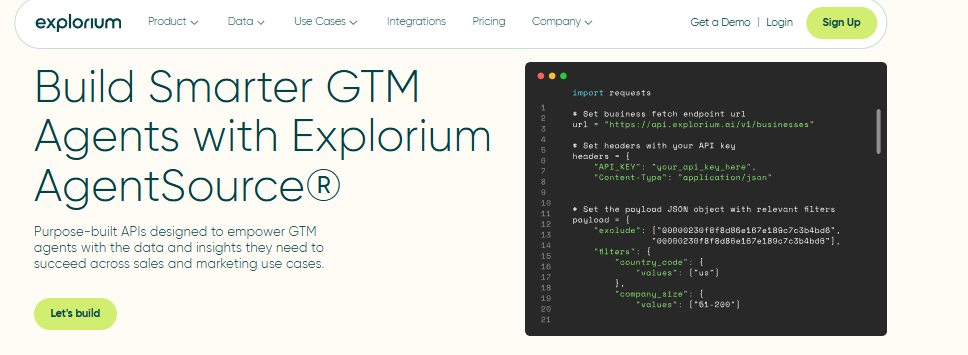 Explorium AgentSource API code block building GTM agents with filtered business firmographic data