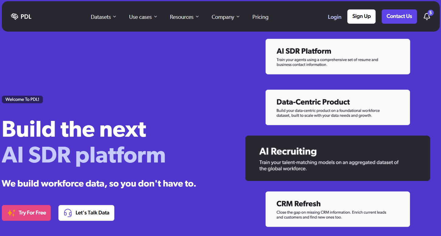 PDL workforce data landing view with AI SDR, data-centric product, recruiting, and CRM refresh options
