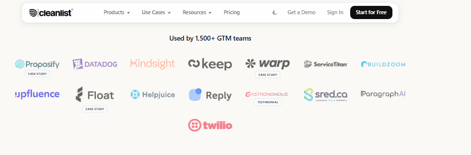Cleanlist logo wall showing GTM customers like Twilio, Datadog, Proposify, and Reply using enrichment