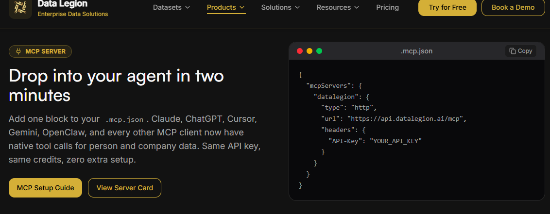 Data Legion MCP server .mcp.json config block for adding company and person data to AI agents