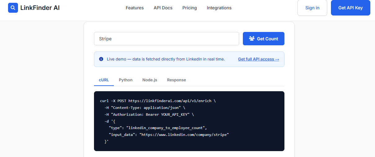 LinkFinder AI employee data API demo showing a LinkedIn company-to-employee-count enrichment call for headcount lookup