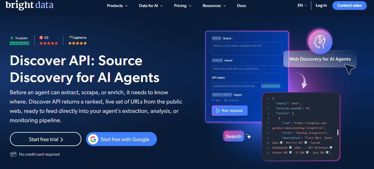 Bright Data Discover API for AI agents returning ranked, live employee and company URLs from the public web