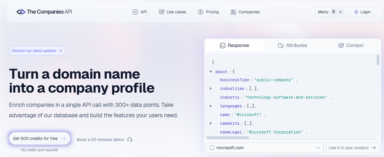 The Companies API turning a domain into a Microsoft company profile with 300+ data points and legal-entity fields.