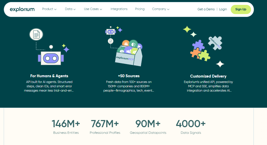 Explorium unified data layer for humans and agents aggregating 50+ sources across 146M business entities