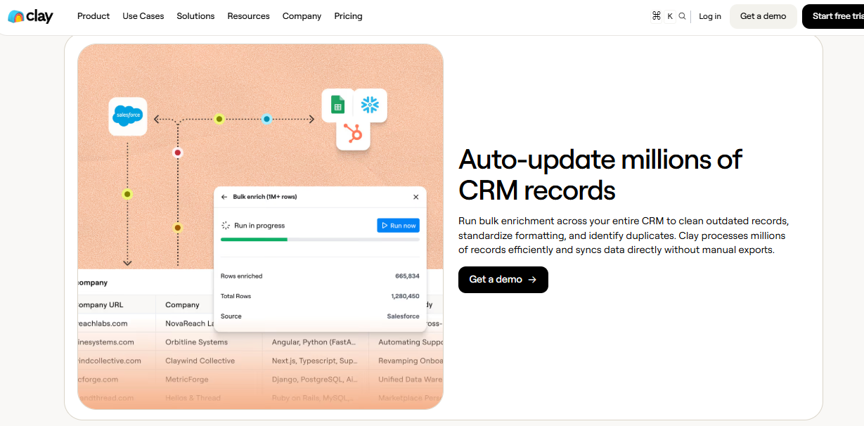 Clay bulk enrichment auto-updating millions of CRM records and syncing cleaned data to Salesforce