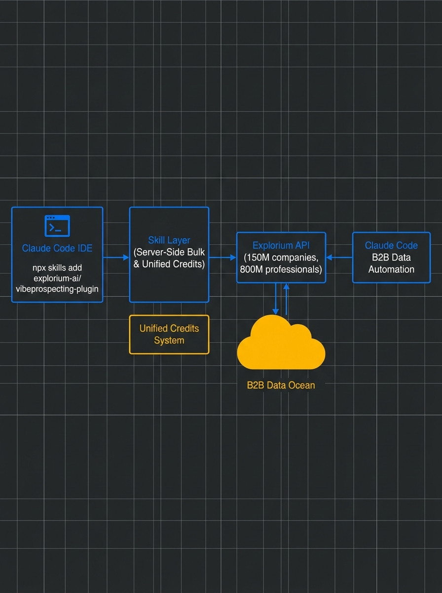 Vibe Prospecting skill architecture for Claude Code with server-side bulk and unified credits