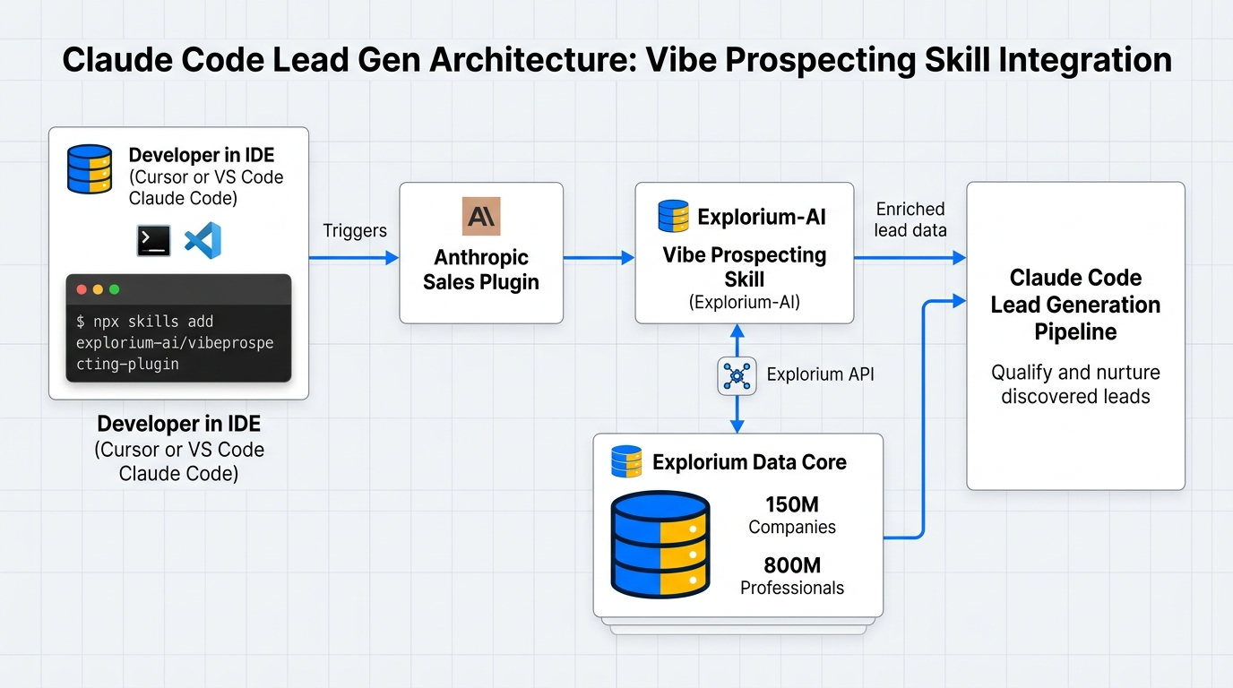 Claude Code lead gen architecture showing Vibe Prospecting skill plugged into Anthropic Sales plugin