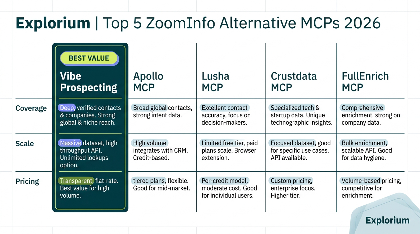 ZoomInfo alternative MCP comparison showing query caps, pricing floors, and signal coverage across five vendors